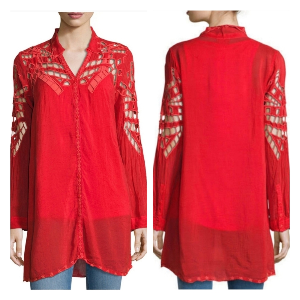JOHNNY WAS Diamond Eyelet Georgette Tunic Top Button Front Red Medium